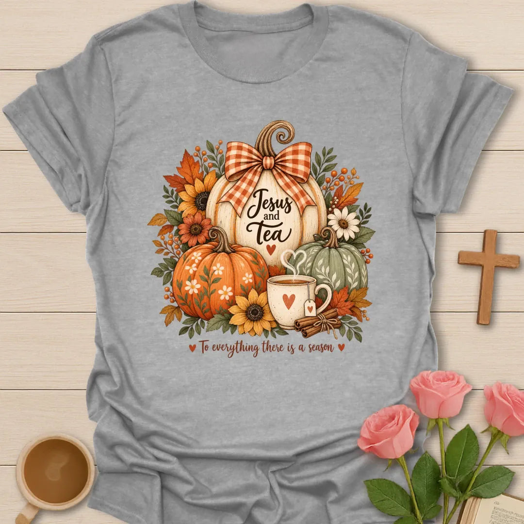 Pumpkin Tea Season t-shirt with cozy fall pumpkin and tea artwork and faith-inspired design - Sport Grey
