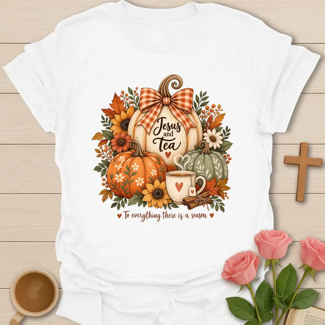 Pumpkin Tea Season t-shirt with cozy fall pumpkin and tea artwork and faith-inspired design - White