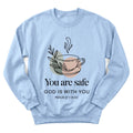 Quiet Faith Tea Comfort sweatshirt with cozy teacup and gentle Scripture lettering - Light Blue