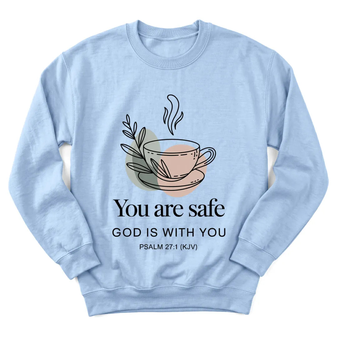 Quiet Faith Tea Comfort sweatshirt with cozy teacup and gentle Scripture lettering - Light Blue