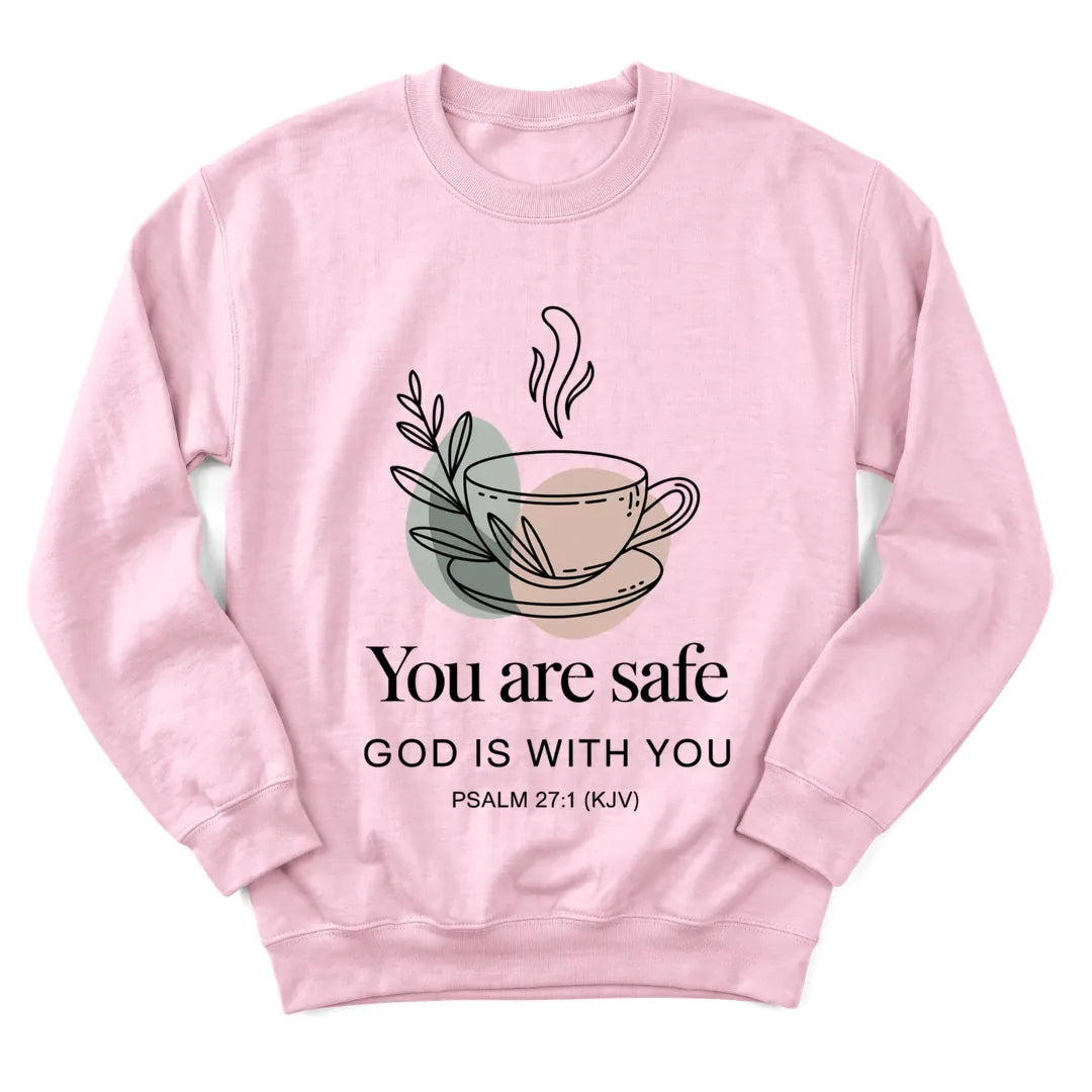 Quiet Faith Tea Comfort sweatshirt with cozy teacup and gentle Scripture lettering - Light Pink