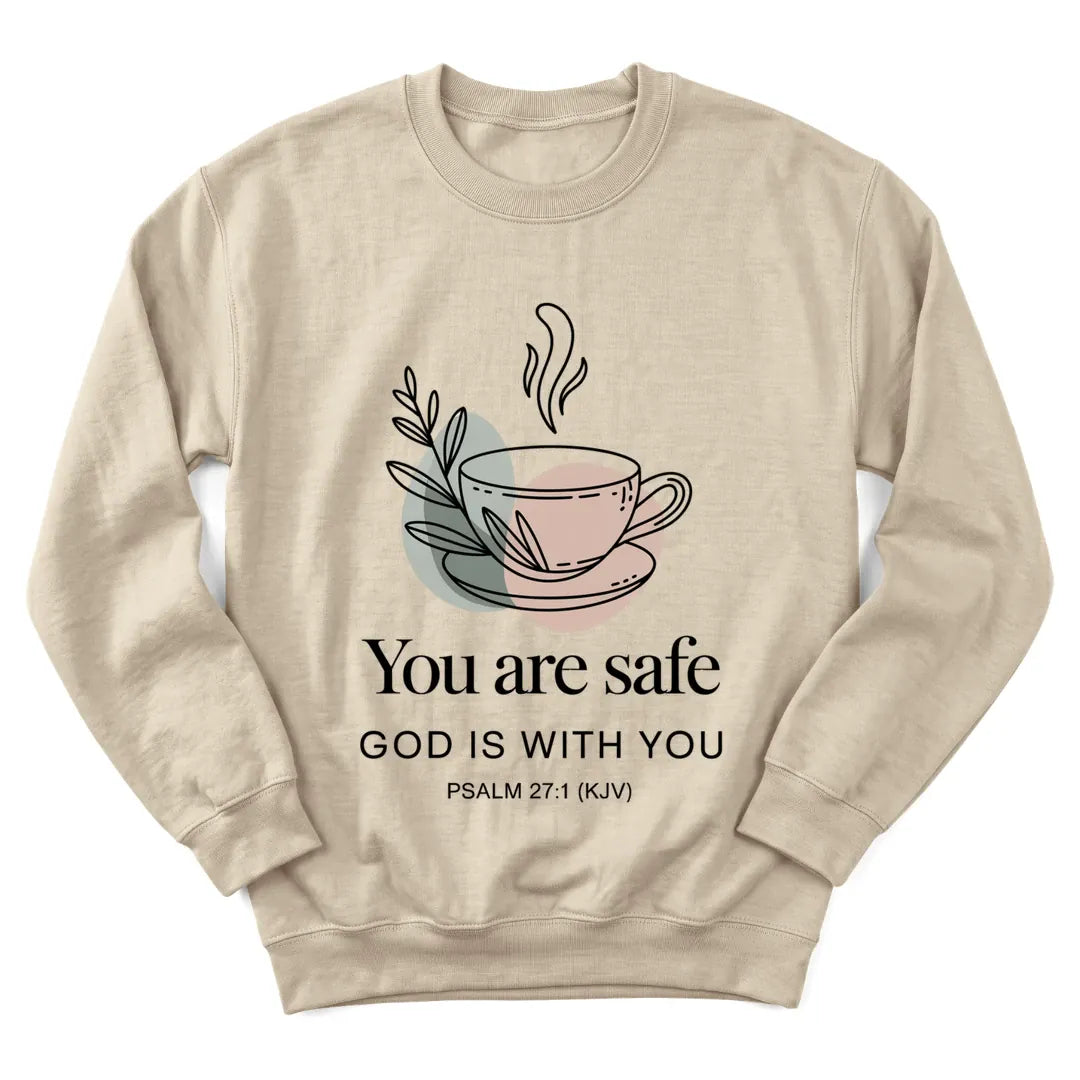 Quiet Faith Tea Comfort sweatshirt with cozy teacup and gentle Scripture lettering - Sand