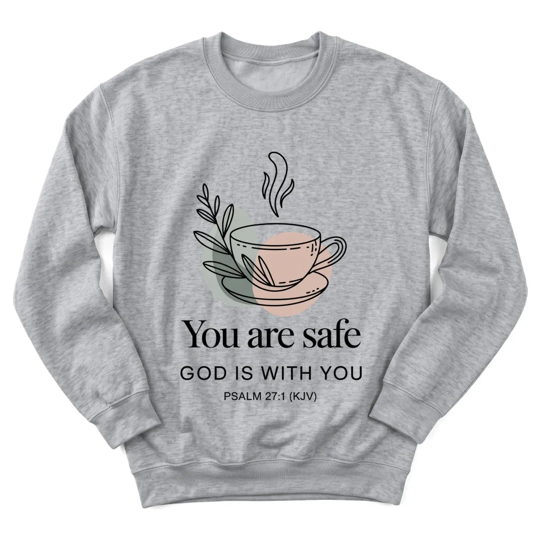Quiet Faith Tea Comfort sweatshirt with cozy teacup and gentle Scripture lettering - Sport Grey