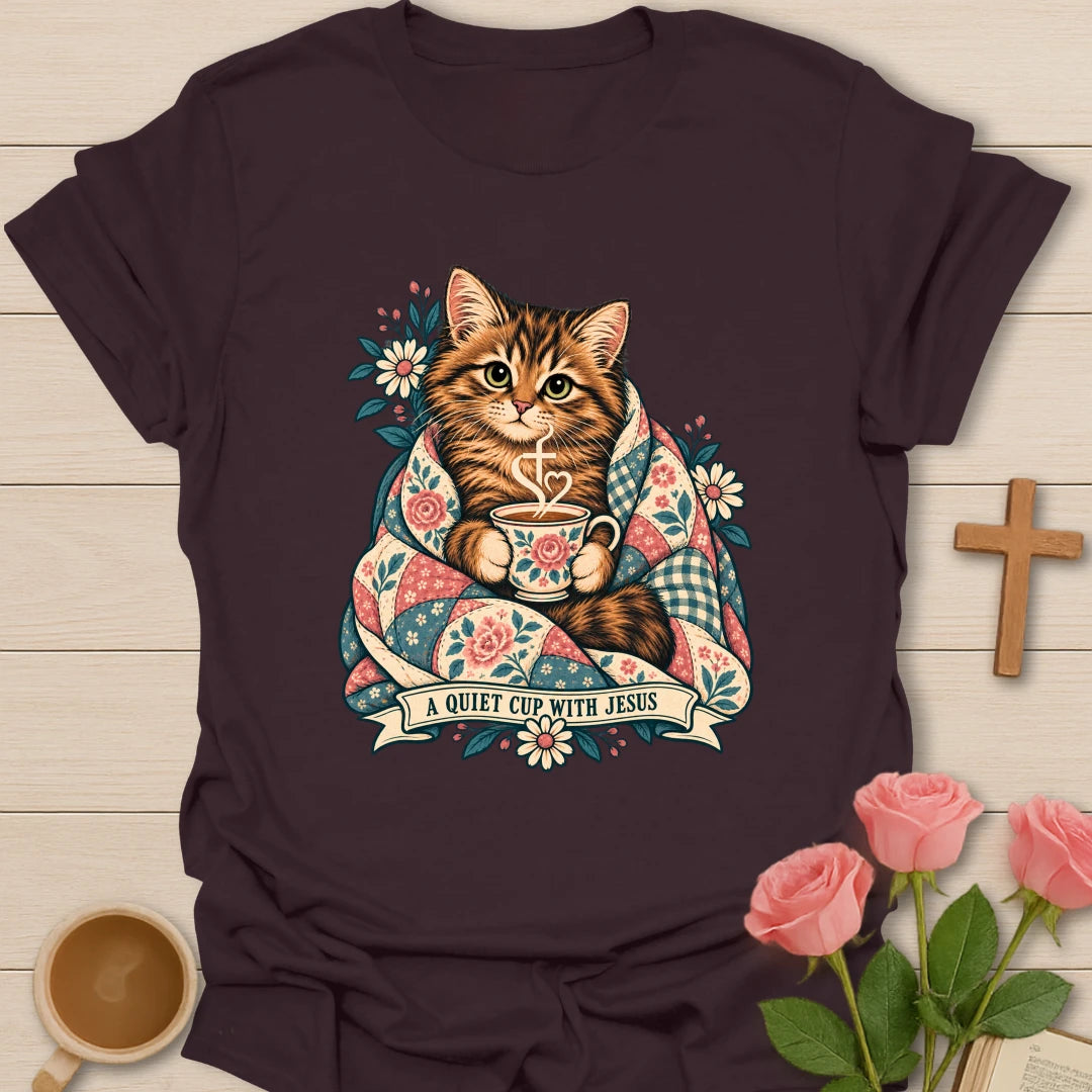 Quiet Cup With Jesus shirt with teacup, cross, and peaceful faith-inspired lettering. - Dark Chocolate