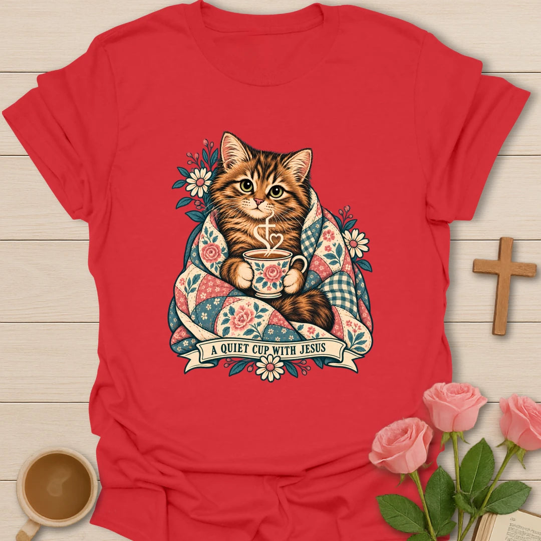 Quiet Cup With Jesus shirt with teacup, cross, and peaceful faith-inspired lettering. - Red