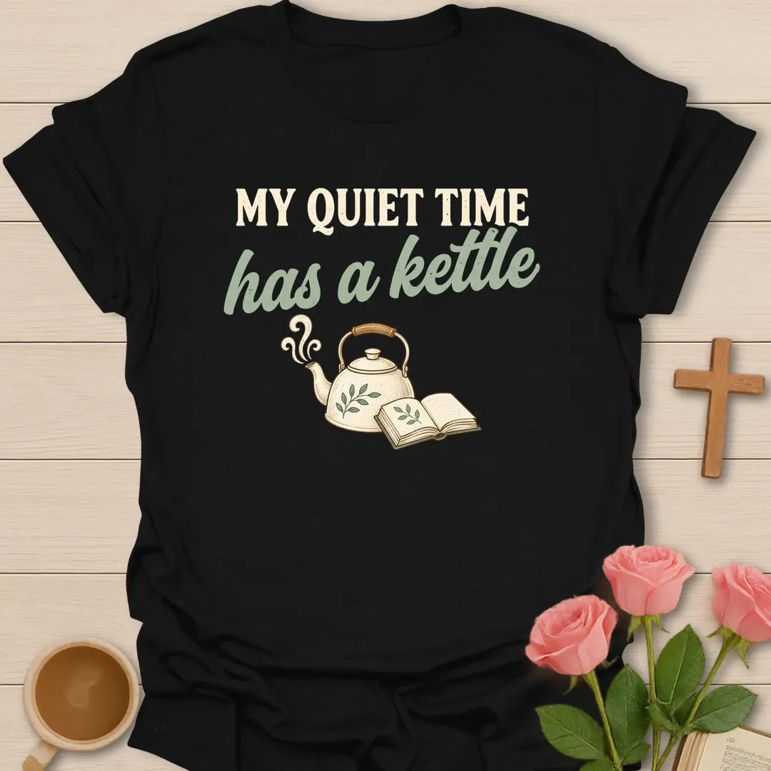 Quiet Time Kettle shirt with tea kettle, steam, cross, and cream vintage lettering. - Black