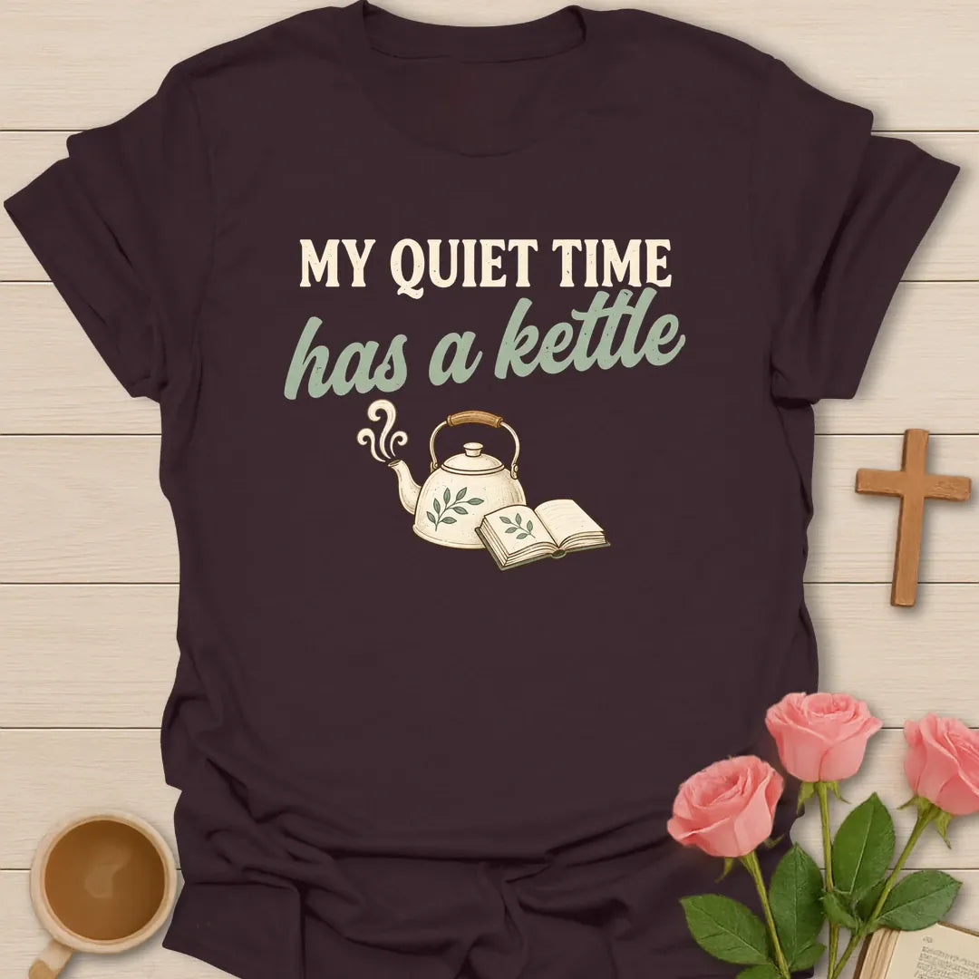 Quiet Time Kettle shirt with tea kettle, steam, cross, and cream vintage lettering. - Dark Chocolate