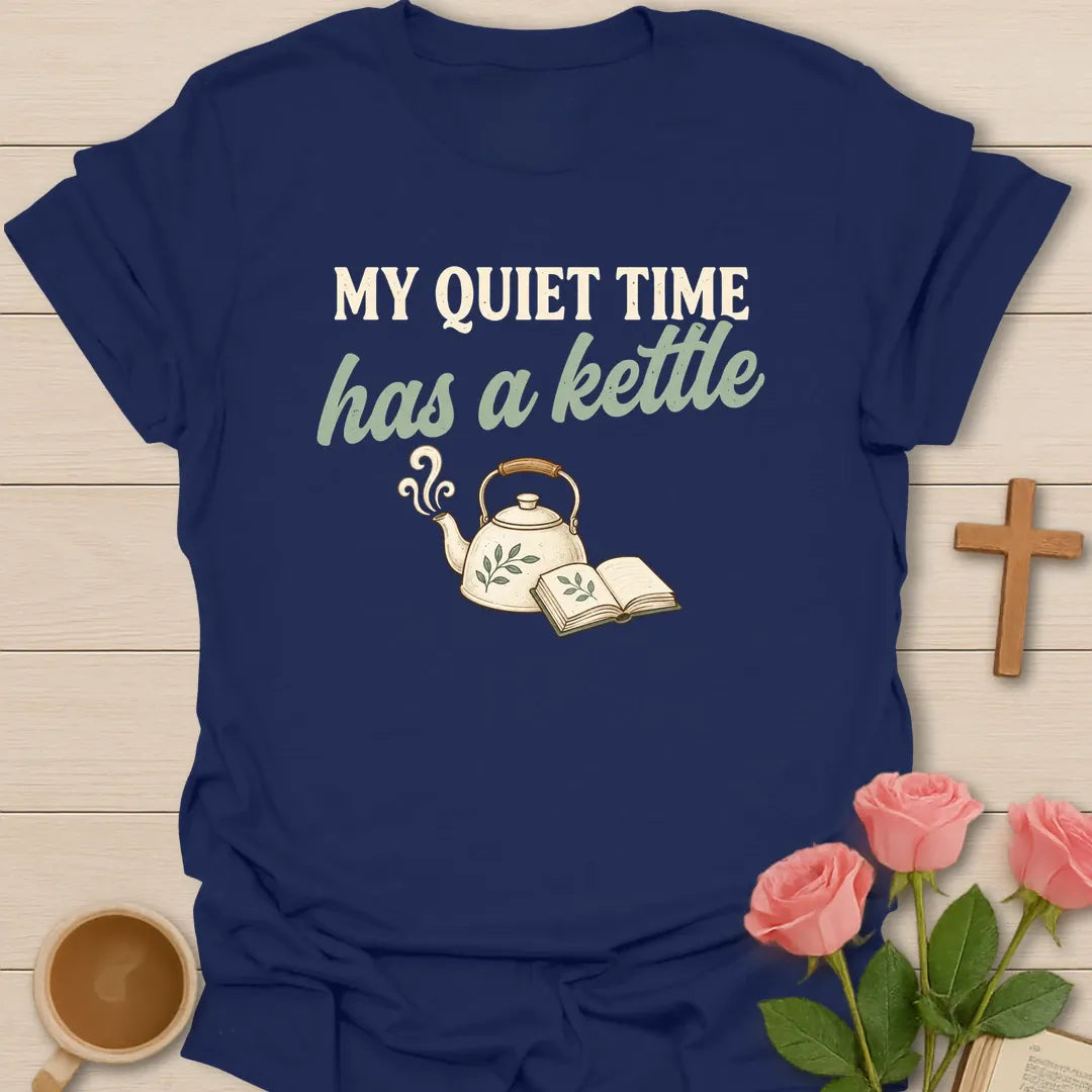 Quiet Time Kettle shirt with tea kettle, steam, cross, and cream vintage lettering. - Navy