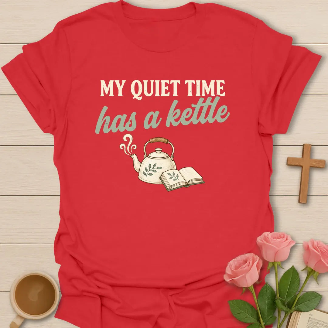 Quiet Time Kettle shirt with tea kettle, steam, cross, and cream vintage lettering. - Red