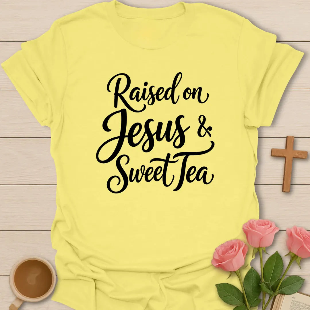 Raised On Jesus and Sweet Tea shirt with mason jar sweet tea, florals, and cream vintage lettering. - Cornsilk