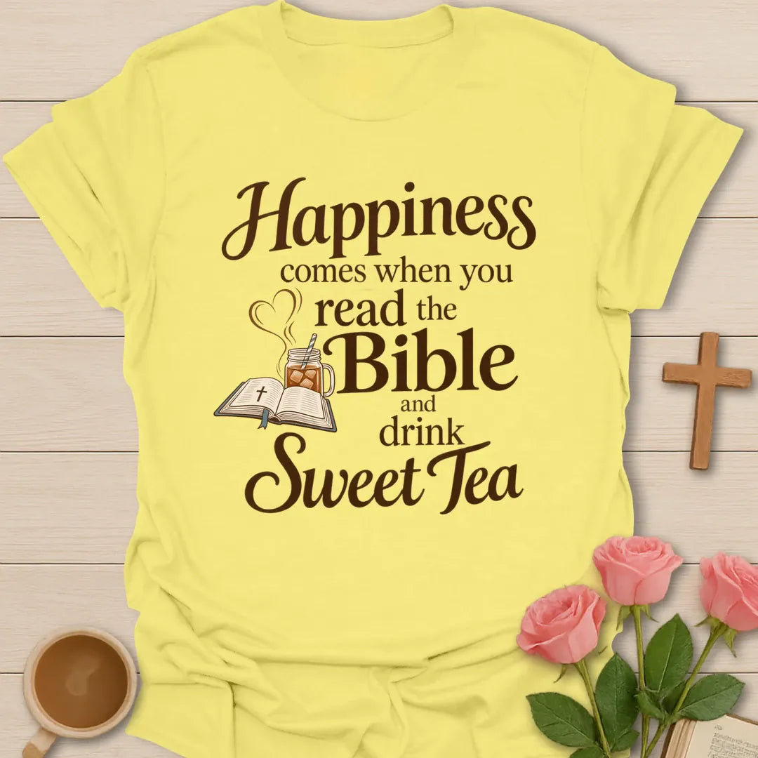 Read Bible Sweet Tea Christian tea shirt with faith-inspired lettering design - Cornsilk