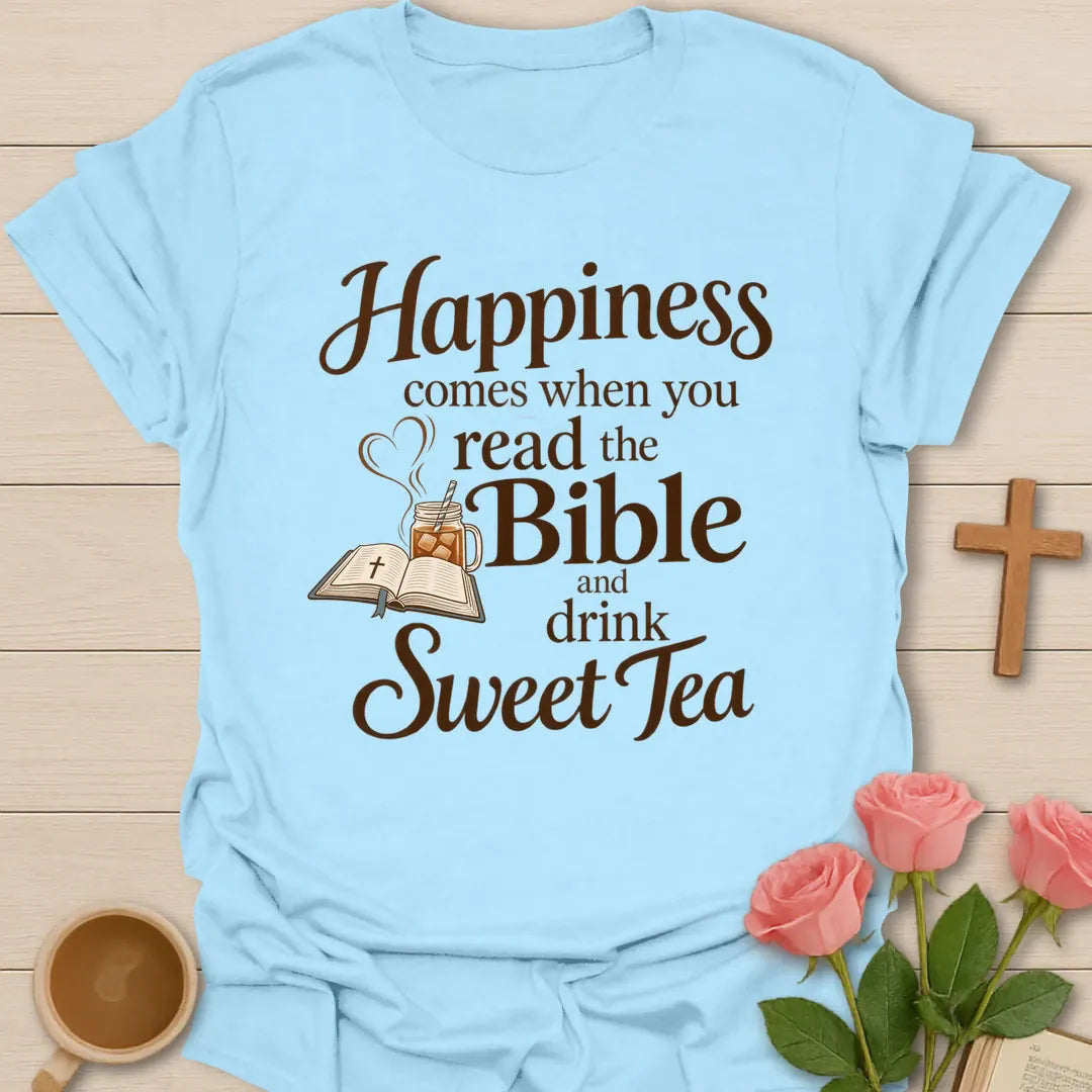 Read Bible Sweet Tea Christian tea shirt with faith-inspired lettering design - Light Blue