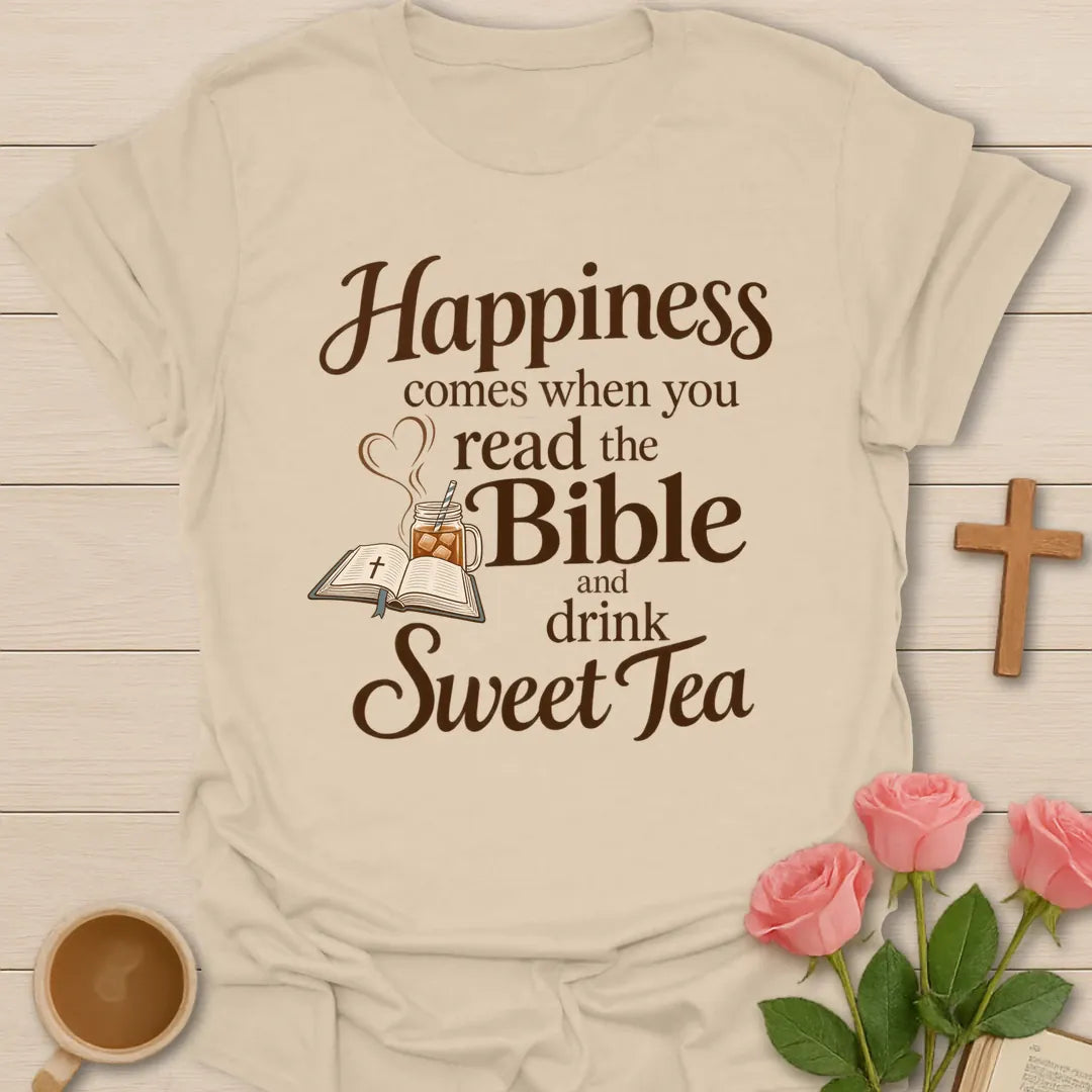 Read Bible Sweet Tea Christian tea shirt with faith-inspired lettering design - Sand