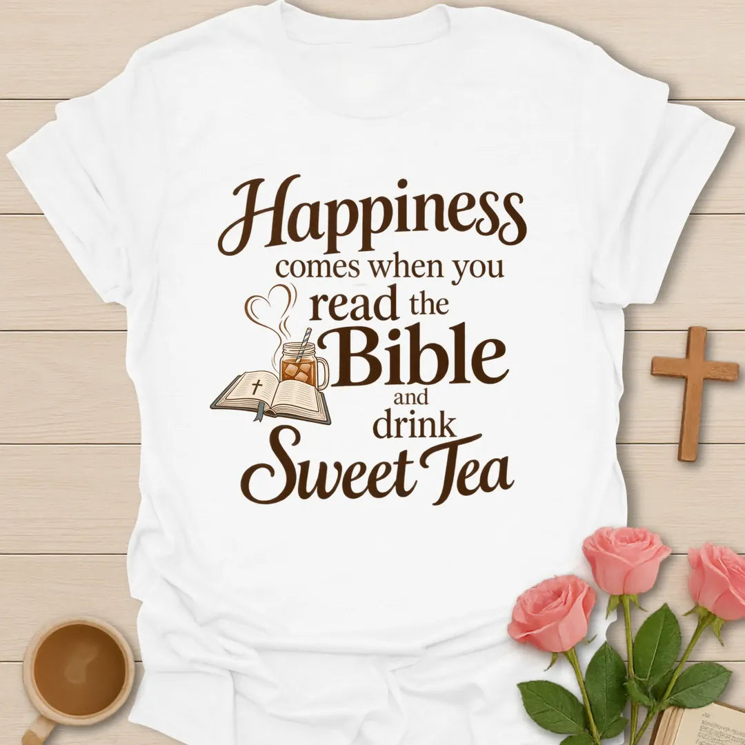 Read Bible Sweet Tea Christian tea shirt with faith-inspired lettering design - White