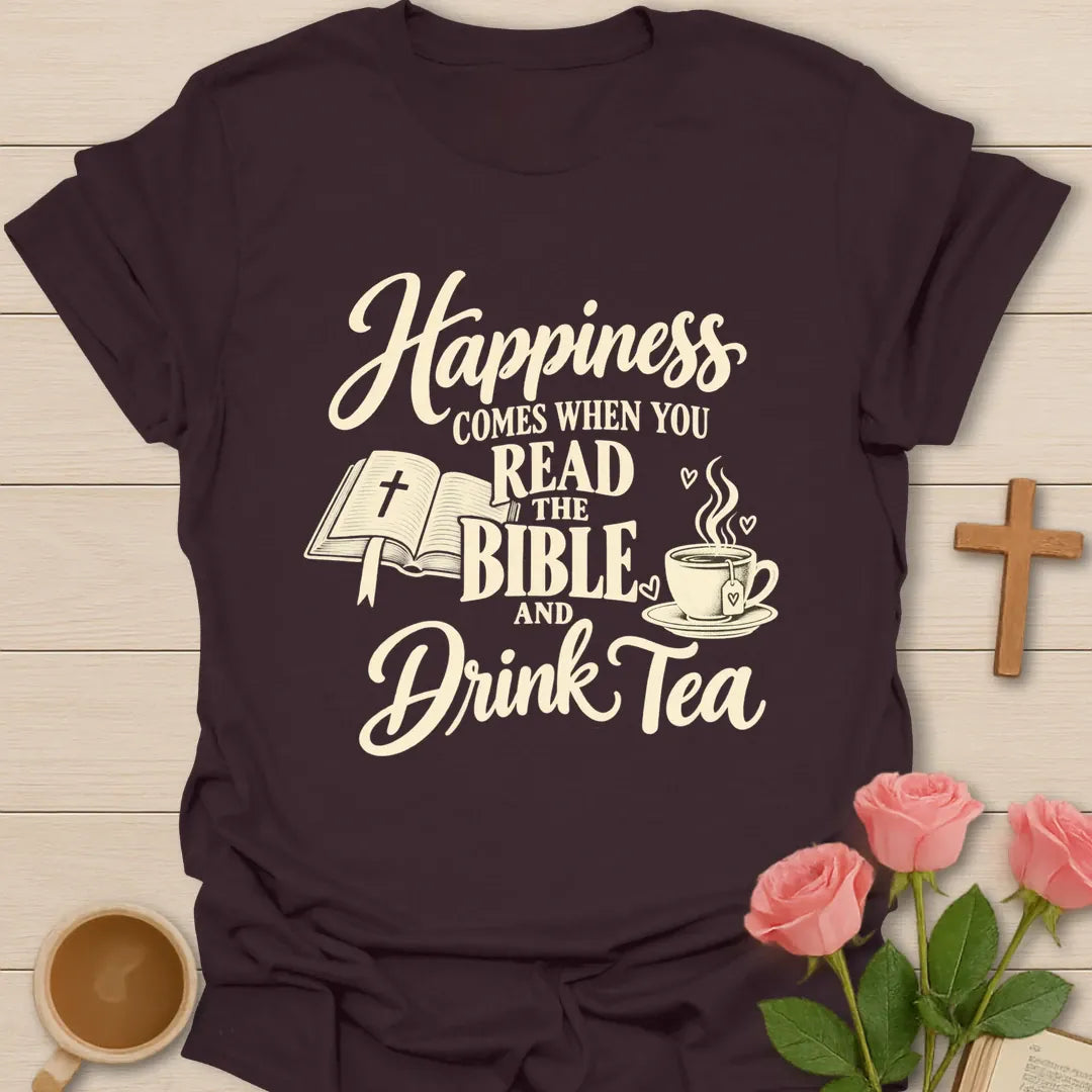 Read The Bible Drink Tea Christian tea shirt with faith-inspired lettering design - Dark Chocolate