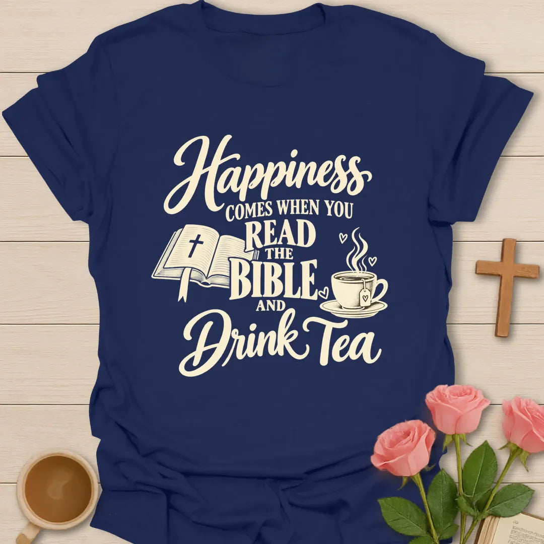 Read The Bible Drink Tea Christian tea shirt with faith-inspired lettering design - Navy