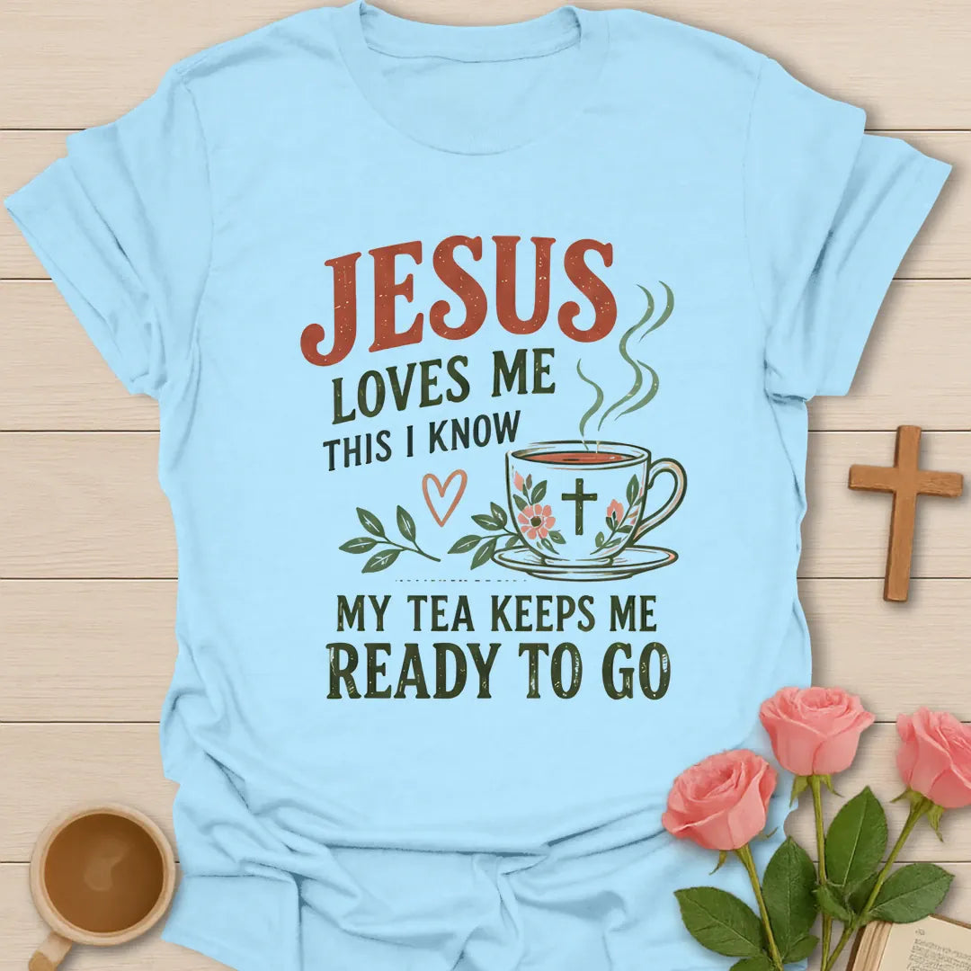Ready To Go t-shirt with playful lettering and faith-inspired design - Light Blue