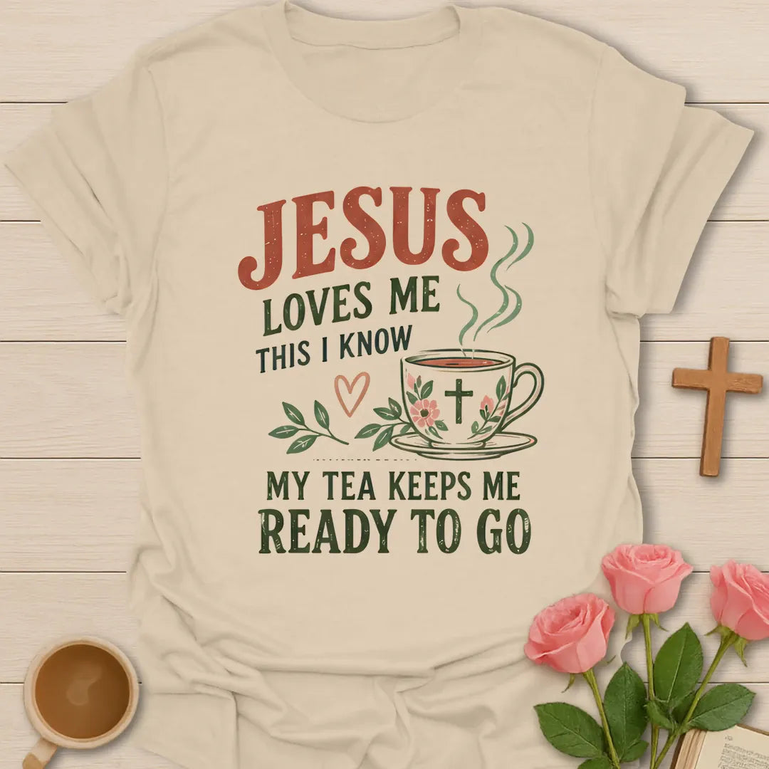 Ready To Go t-shirt with playful lettering and faith-inspired design - Sand
