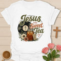 Record Jesus and Sweet Tea shirt with vintage record theme, sweet tea, flowers, cross, and Christian faith lettering. - White