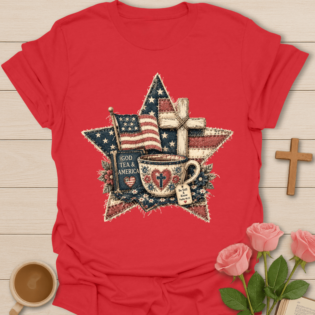 God Tea & America Faux Patchwork T-Shirt T-Shirt