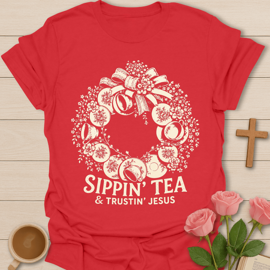 Tea Wreath Faith T-Shirt KozzyCo Christian and tea lover design
