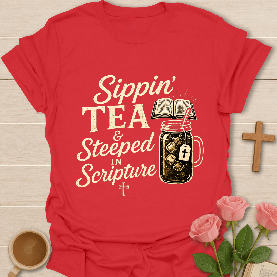 Steeped In Scripture Tea T-Shirt KozzyCo Christian and tea lover design