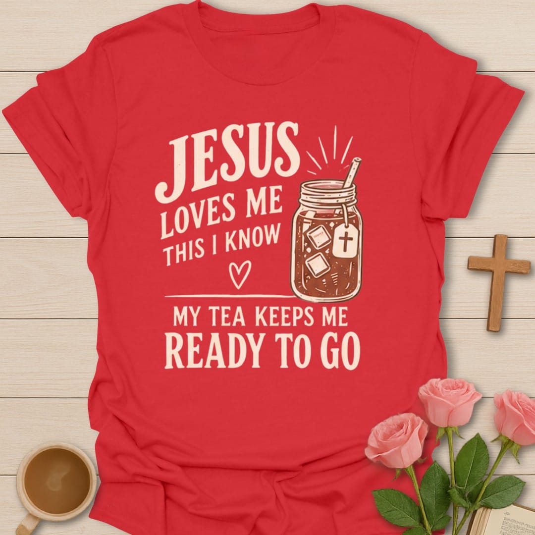 Jesus Loves Me t-shirt with gentle lettering and faith-inspired design - Red