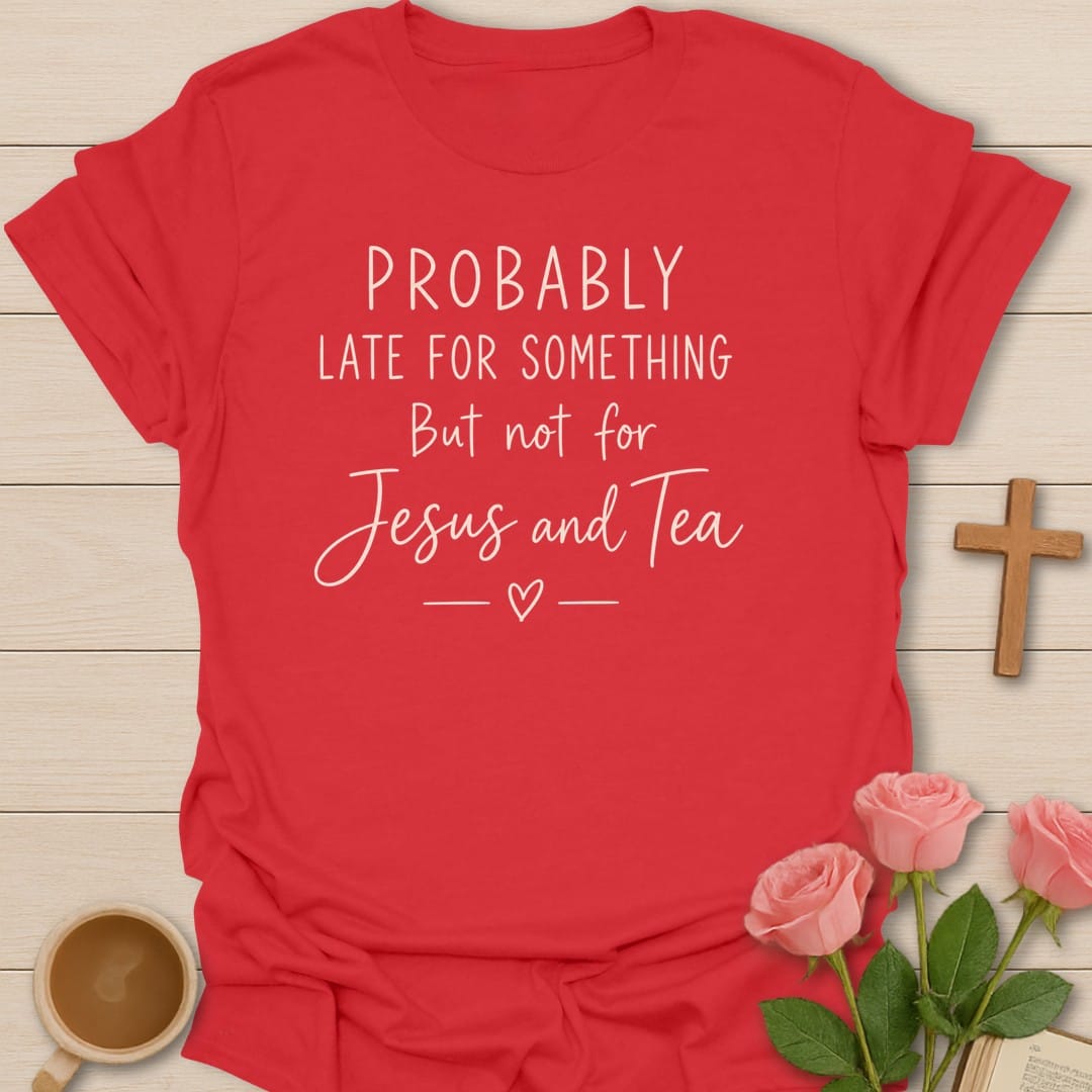 Probably Late t-shirt with playful lettering and humorous faith design - Red