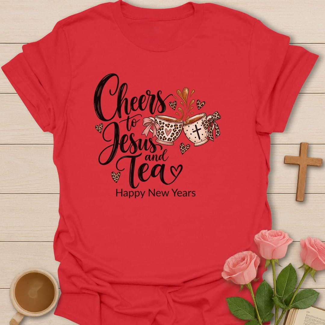 Leopard Faith Cups t-shirt with leopard print tea cup artwork and faith-inspired design - Red