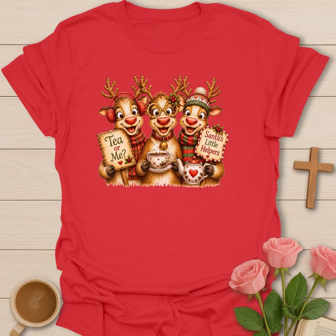 Santa's Little Helpers t-shirt with playful Christmas artwork and faith-inspired design - Red