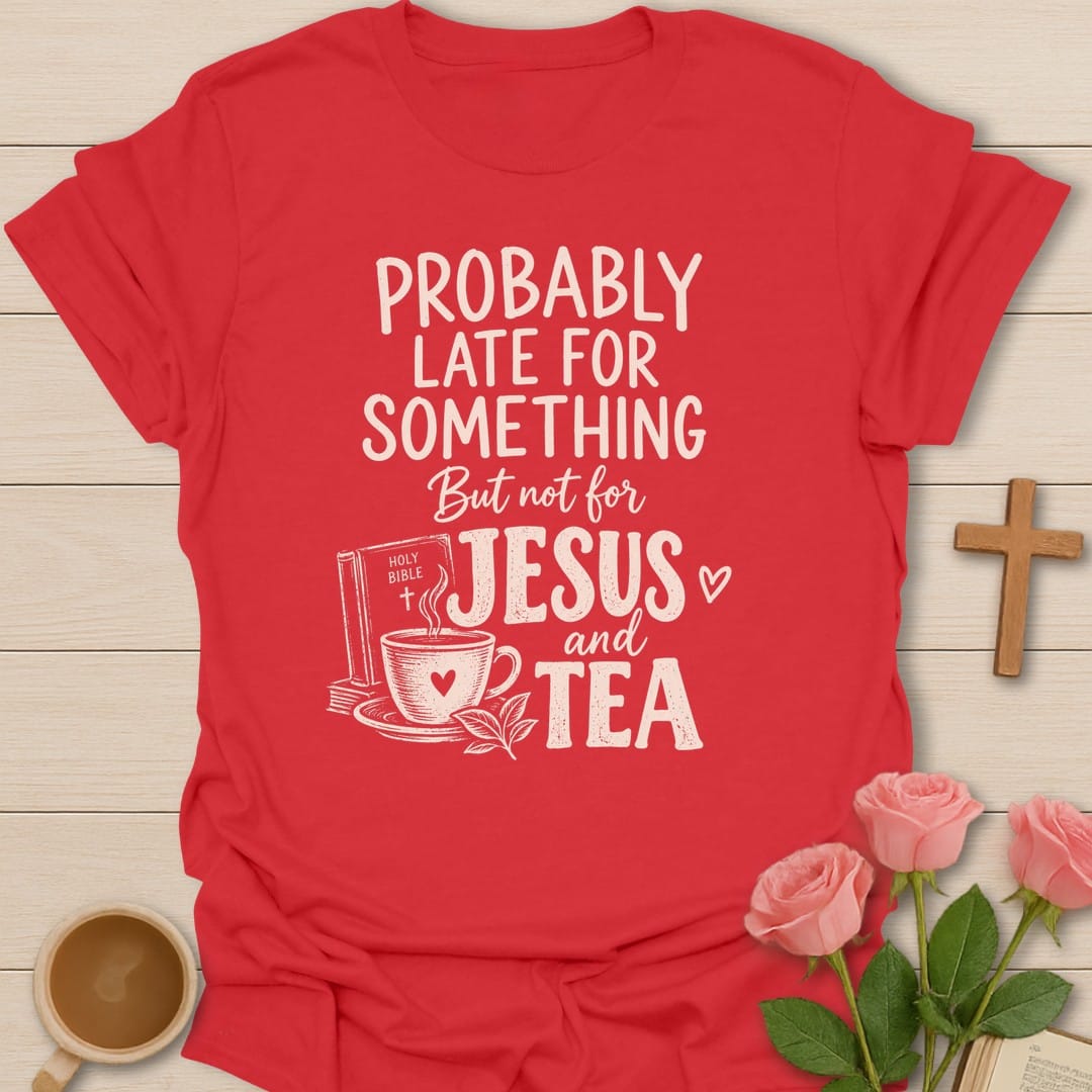 Holy Priorities t-shirt with list-style lettering and faith-inspired design - Red