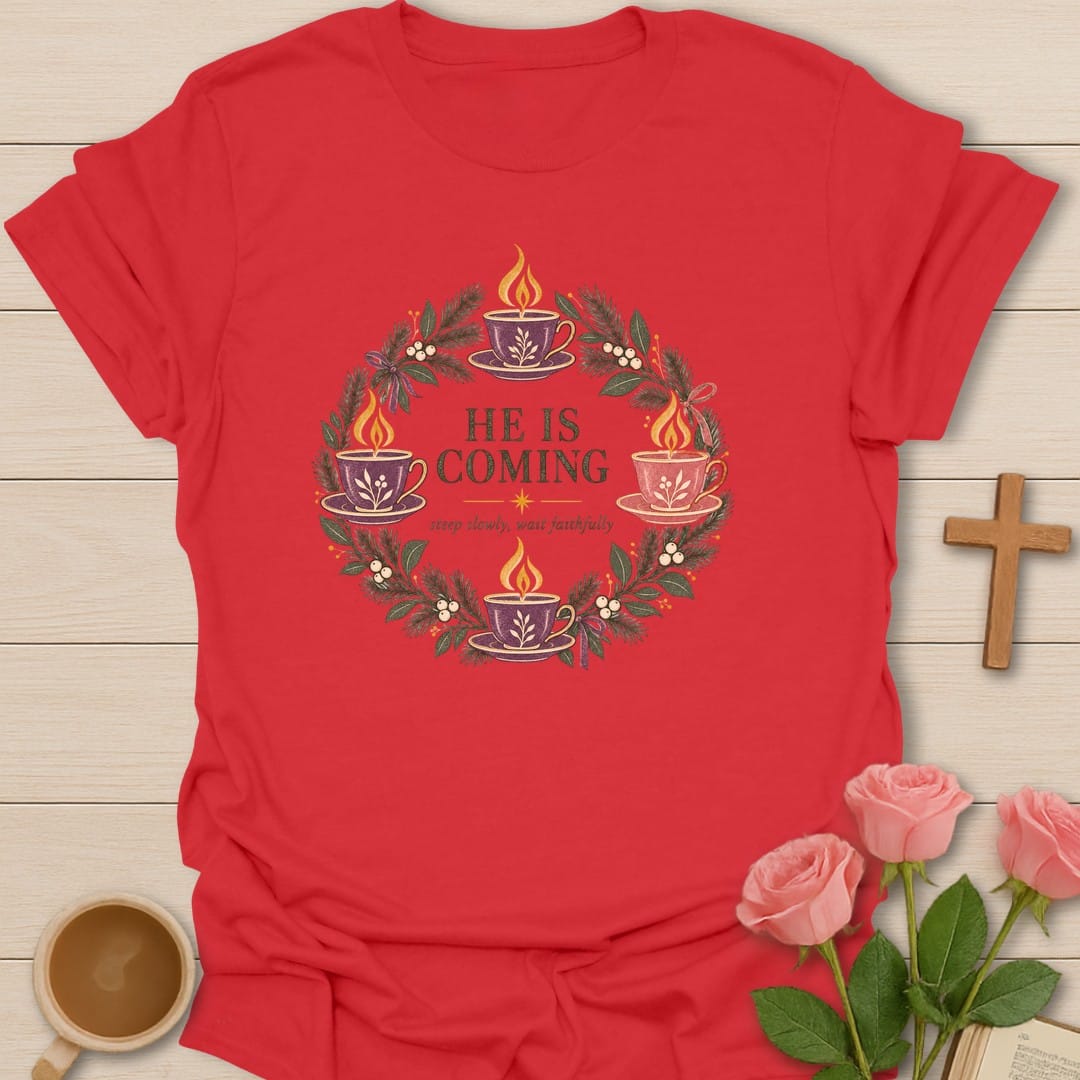 Tea Advent Wreath t-shirt with Advent wreath and tea artwork and faith-inspired design - Red