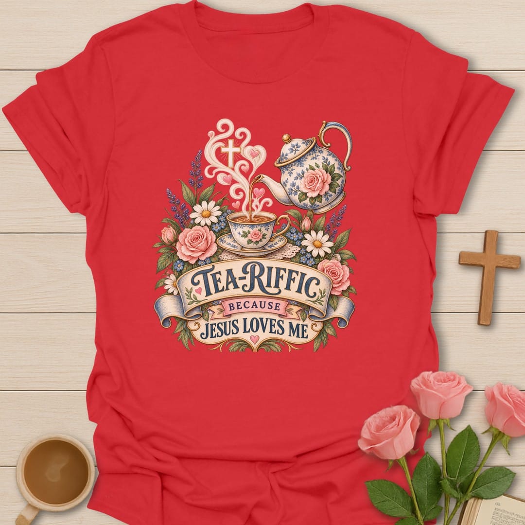 Tea-Riffic t-shirt with playful tea pun lettering and cheerful design - Red