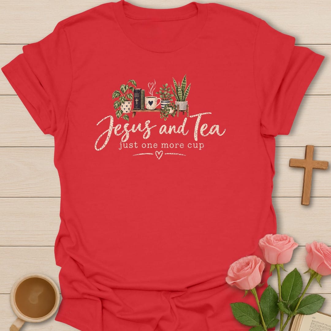 One More Cup t-shirt with tea cup lettering and faith-inspired design - Red