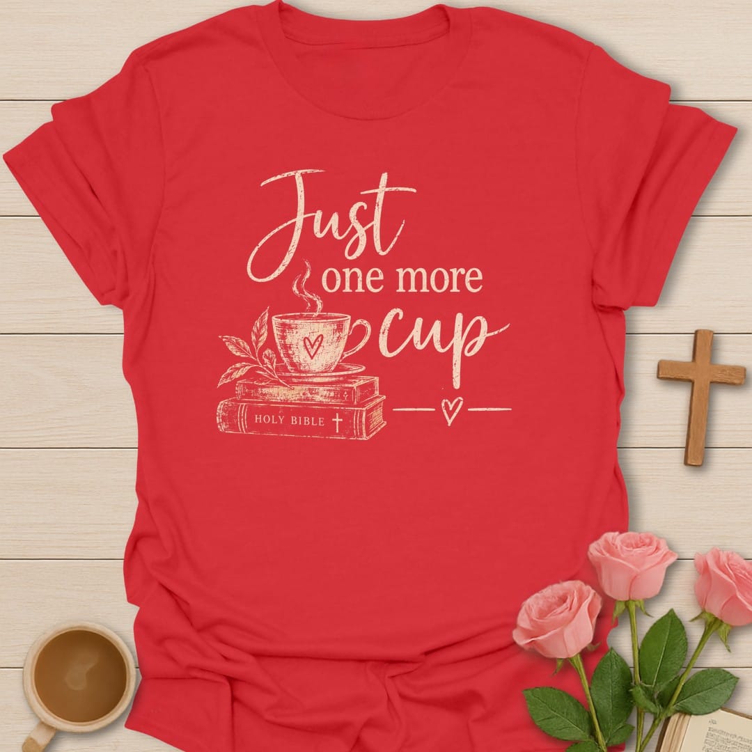 Holy Coffee t-shirt with coffee cup lettering and faith-inspired design - Red