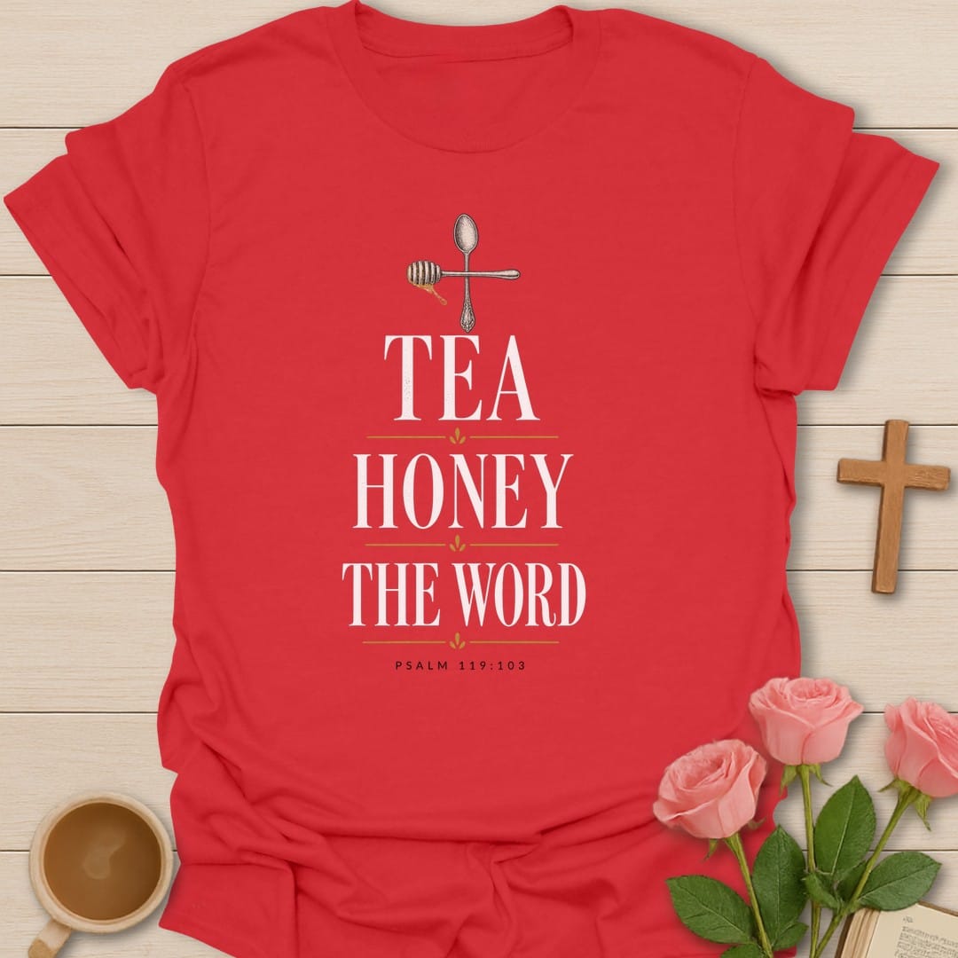 Sweet Honey Word t-shirt with honey and Scripture lettering and faith-inspired design - Red