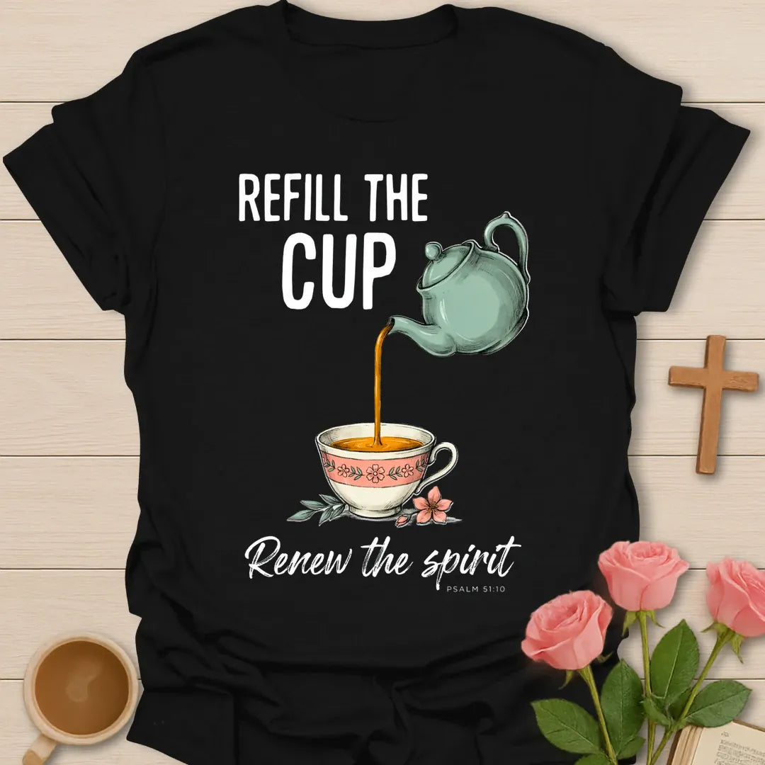 Refill The Cup Christian t-shirt with faith-inspired tea lettering design - Black