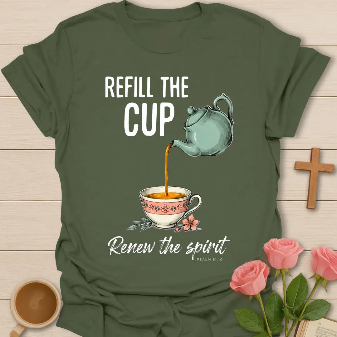 Refill The Cup Christian t-shirt with faith-inspired tea lettering design - Military Green
