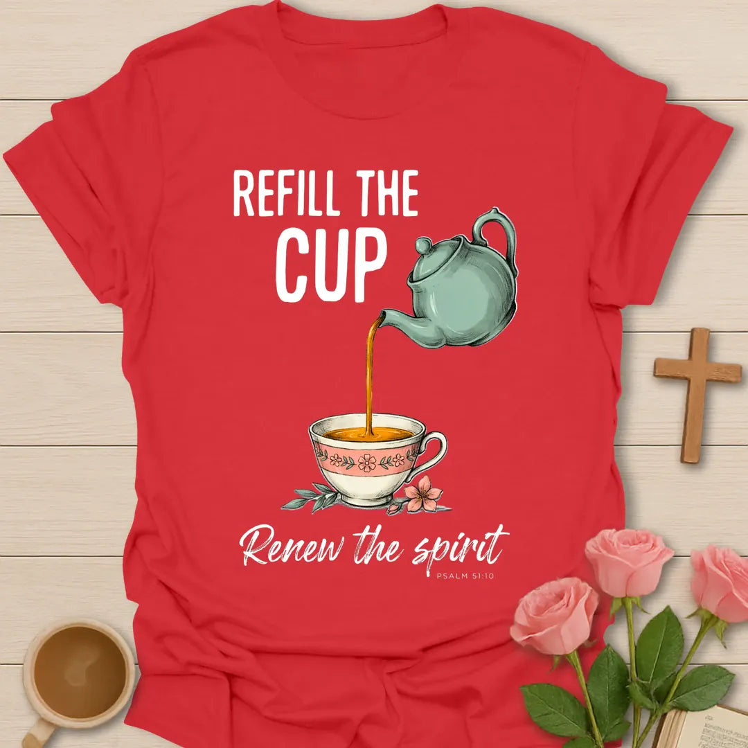 Refill The Cup Christian t-shirt with faith-inspired tea lettering design - Red