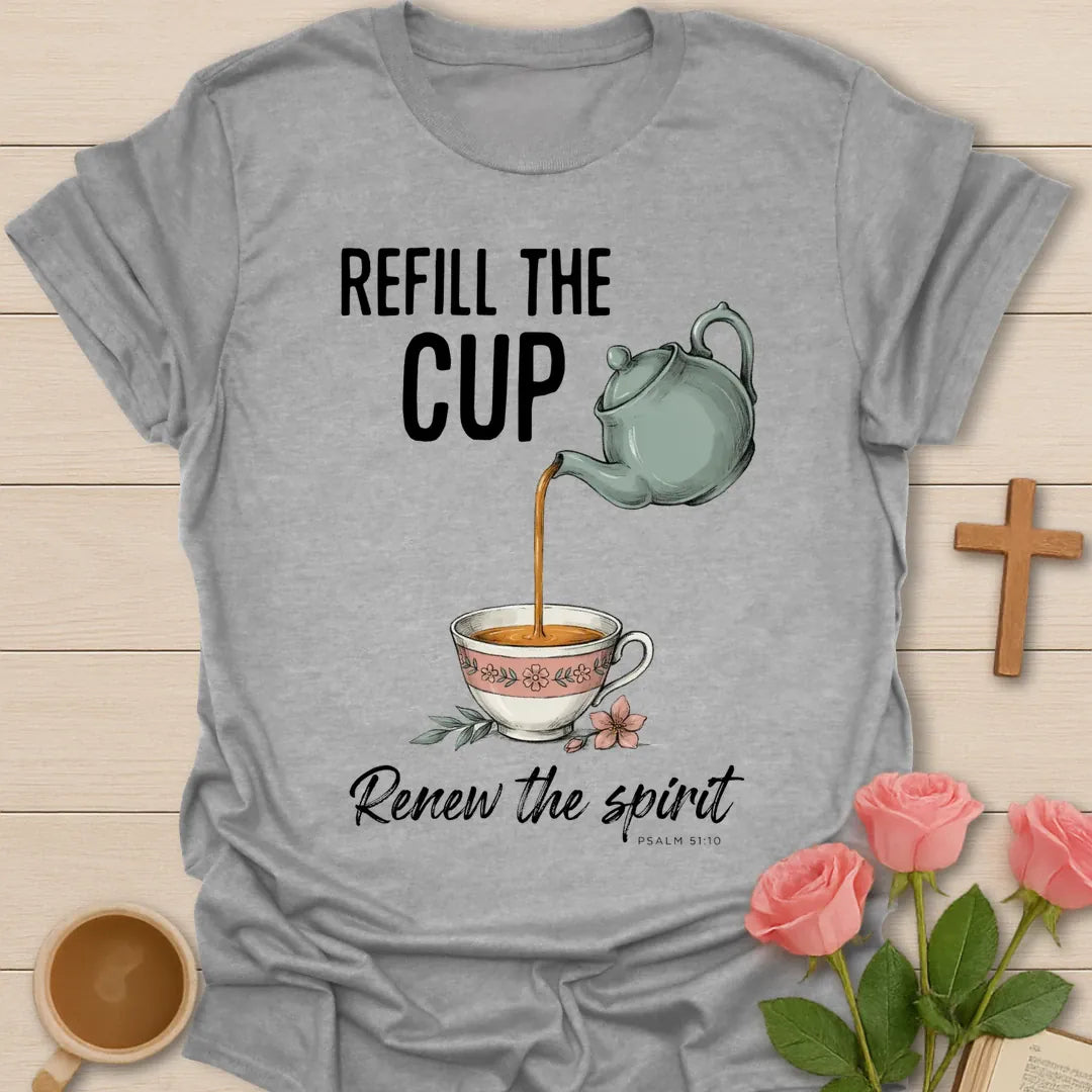 Refill The Cup Christian t-shirt with faith-inspired tea lettering design - Sport Grey