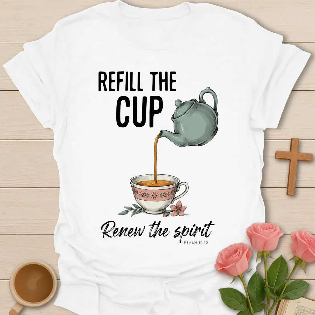 Refill The Cup Christian t-shirt with faith-inspired tea lettering design - White