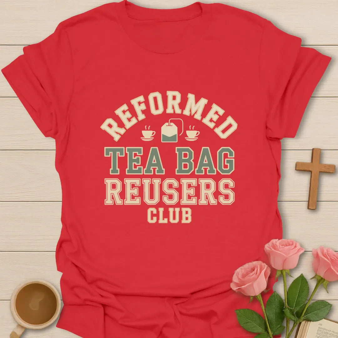 Reformed Reusers Club shirt with playful club-style lettering and faith-inspired tea design. - Red