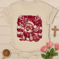 Cute Christmas reindeer tea T-shirt with reindeer holding warm teacup - Sand