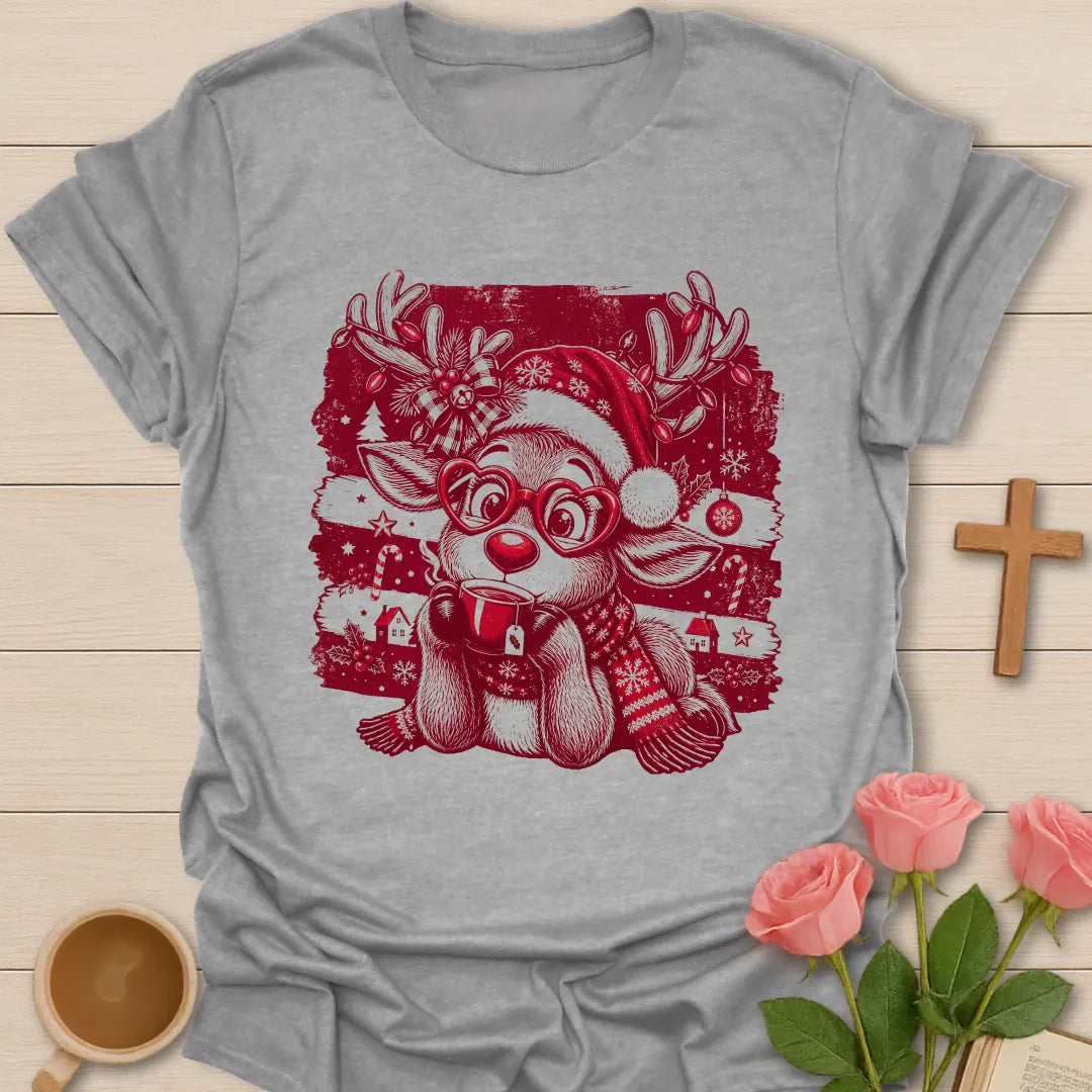 Cute Christmas reindeer tea T-shirt with reindeer holding warm teacup - Sport Grey
