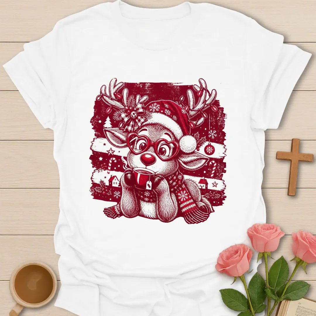 Cute Christmas reindeer tea T-shirt with reindeer holding warm teacup - White