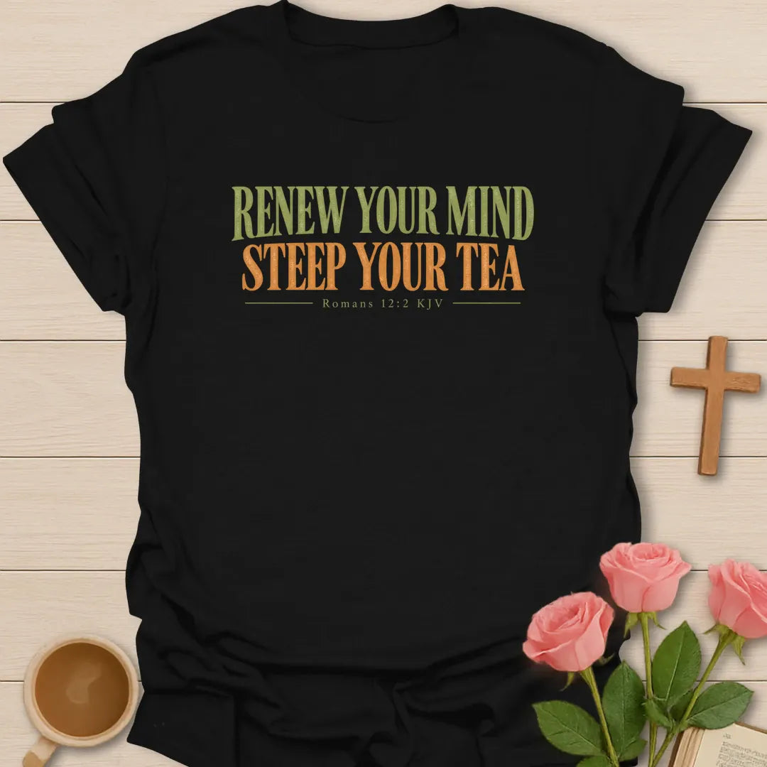 Renew Your Mind Christian tea t-shirt with Scripture lettering and faith-inspired design. - Black