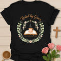 Rested By Grace Christian tea shirt with teacup, open Bible, cross, floral wreath, and Tea Prayer Peace text. - Black