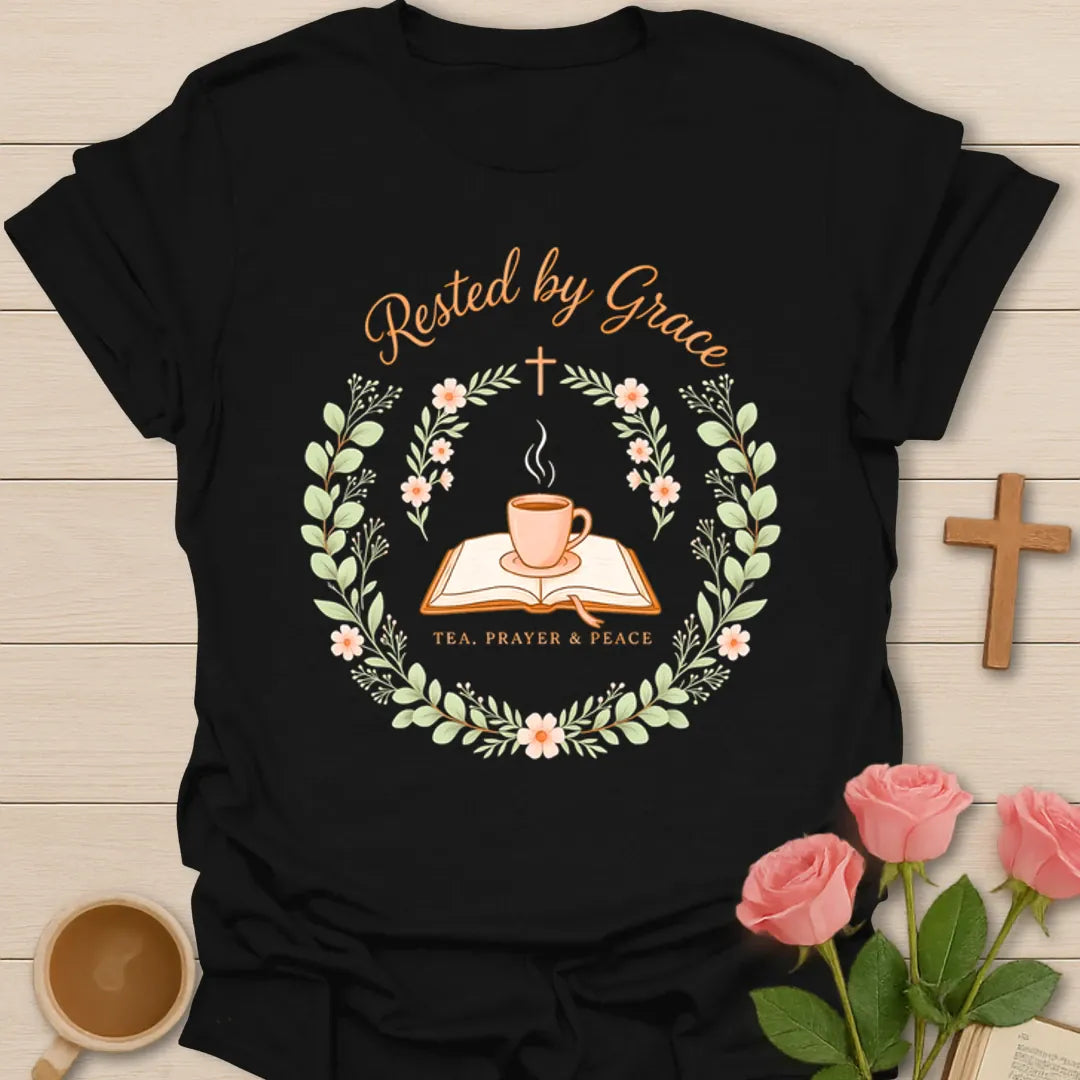 Rested By Grace Christian tea shirt with teacup, open Bible, cross, floral wreath, and Tea Prayer Peace text. - Black