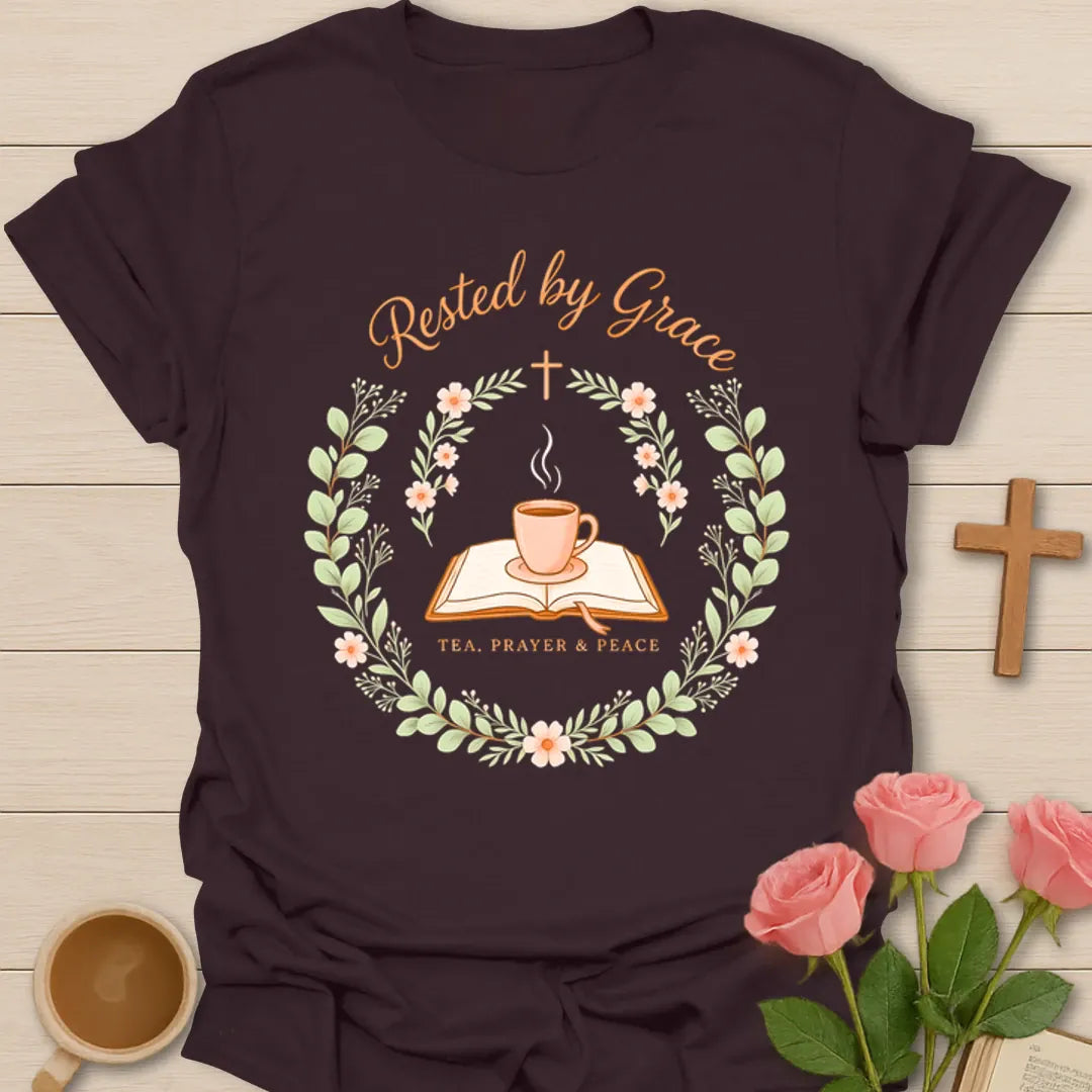 Rested By Grace Christian tea shirt with teacup, open Bible, cross, floral wreath, and Tea Prayer Peace text. - Dark Chocolate