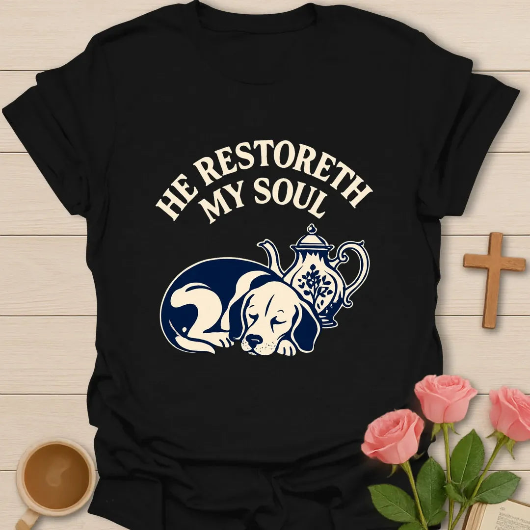 Restoreth My Soul Pup shirt with cute dog, cross, and cream vintage lettering. - Black